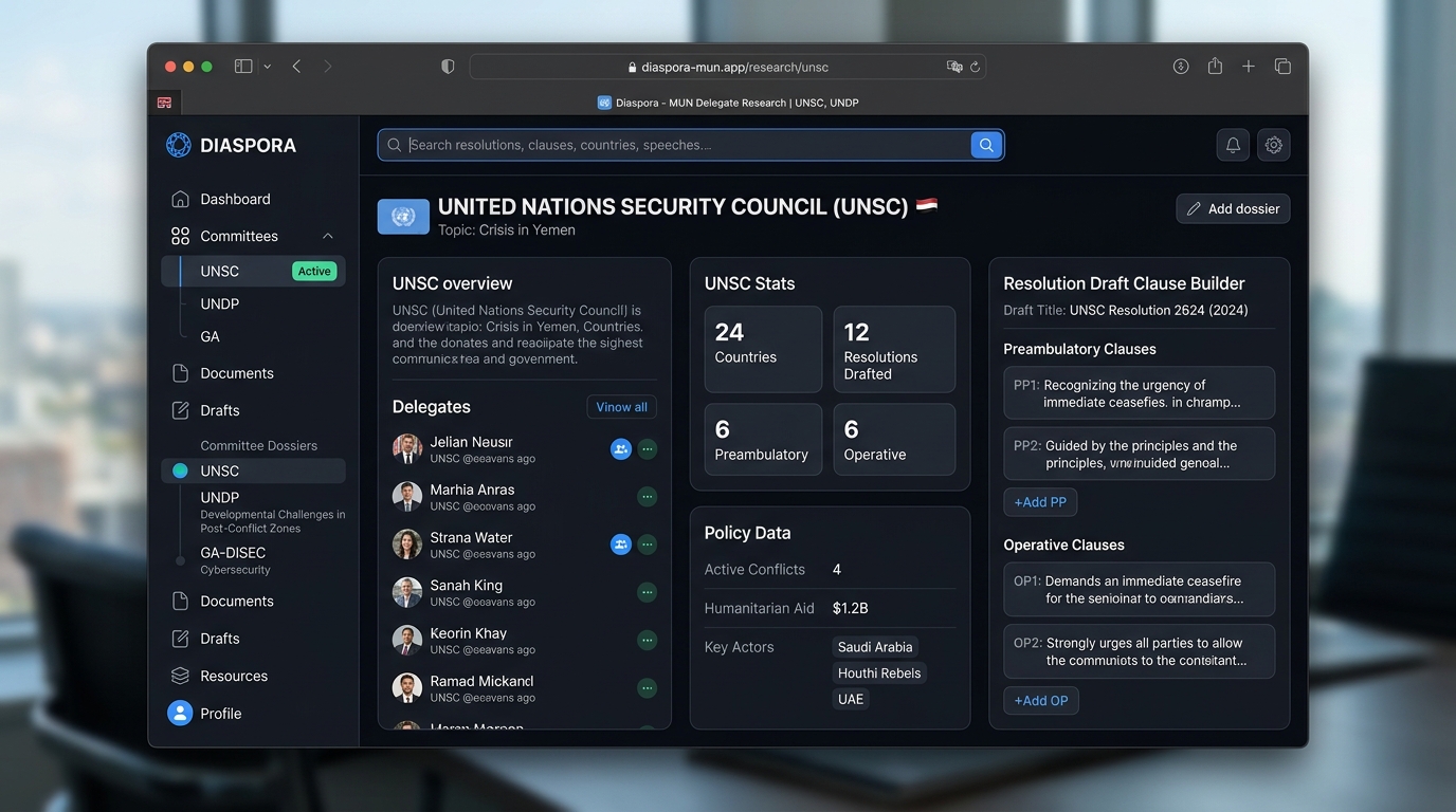 MUN Delegate Research Platform live screenshot